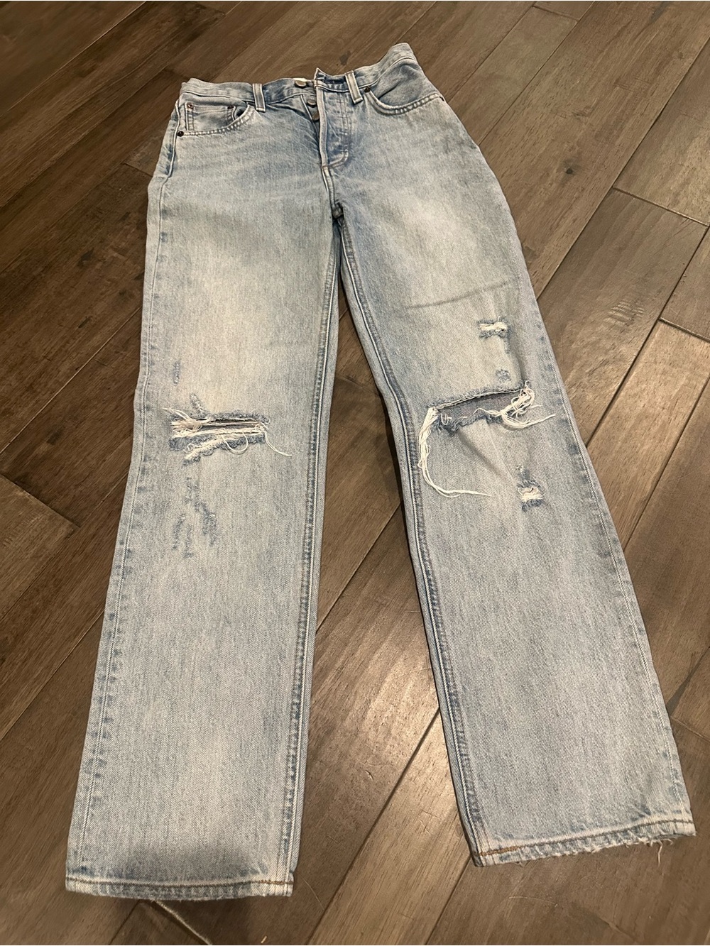 Denim Forum Washed Light Blue Distressed Straight Leg Jeans